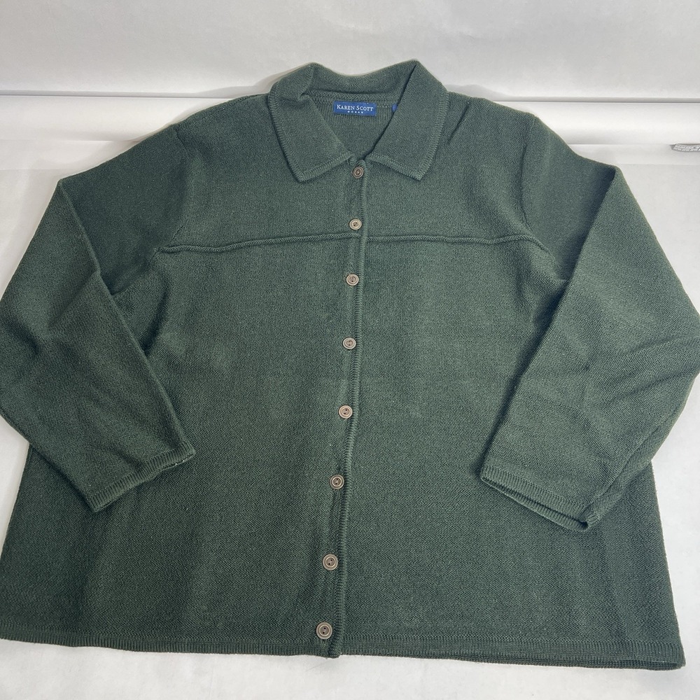 Karen Scott Collared Cardigan Womens Green 100% Wool Gold Button Up 2X Sweater